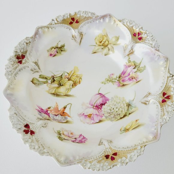 Antique White RS Prussia Floral Bowl Satin Finish Daffodils Fuchsia Hydrangea - Picture 2 of 15